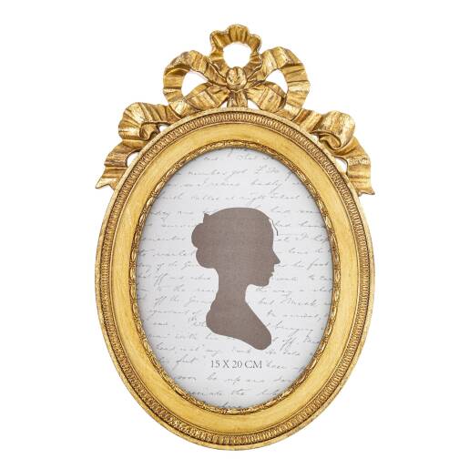 Zlatý oválny rámik na fotku s mašľou a dekoratívnym ornamentom