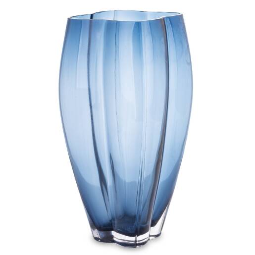Modrá sklenená váza so zaobleným tvarom a lesklým povrchom, výška 30,5 cm, moderný dizajnový doplnok.
