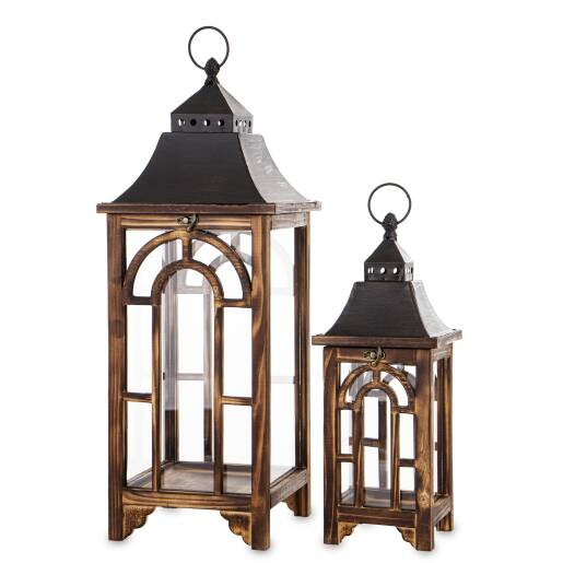Set dvoch drevených lampášov s kovovou strechou v rustikálnom vintage štýle