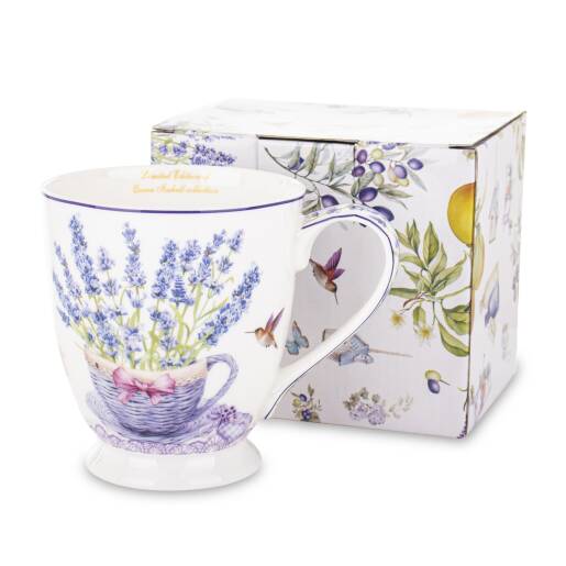 Porcelánový hrnček na čaj s motívom levandule a kolibríka, objem 450 ml