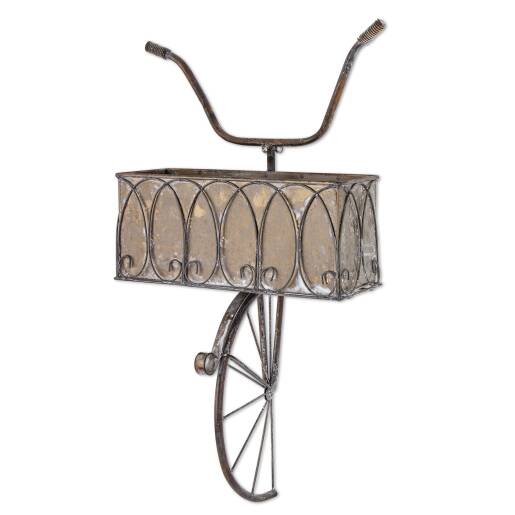 Strieborný kovový nástenný kvetináč v tvare bicykla s retro dizajnom, výška 30,5 cm.