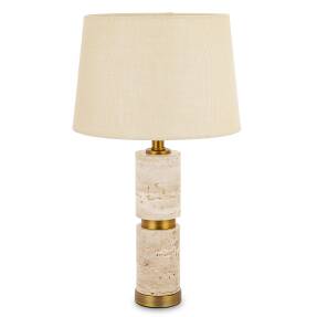 Kamenná stolová lampa z travertínu s béžovým tienidlom a zlatými detailmi, výška 57,5 cm
