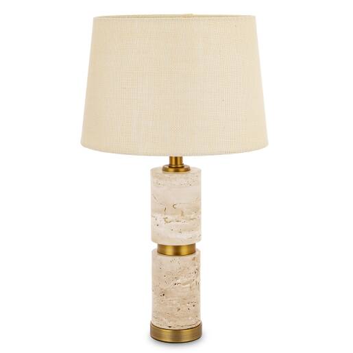 Kamenná stolová lampa z travertínu s béžovým tienidlom a zlatými detailmi, výška 57,5 cm