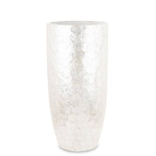 Vysoká biela dekoratívna váza s perleťovým efektom a elegantným povrchom, výška 80 cm.