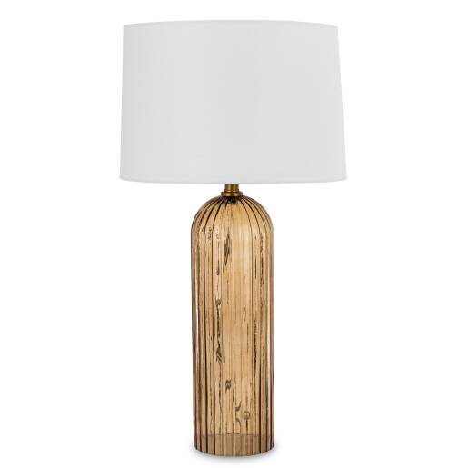 Elegantná stolová lampa s jantárovým telom, zlatými detailmi a bielym tienidlom, výška 76 cm