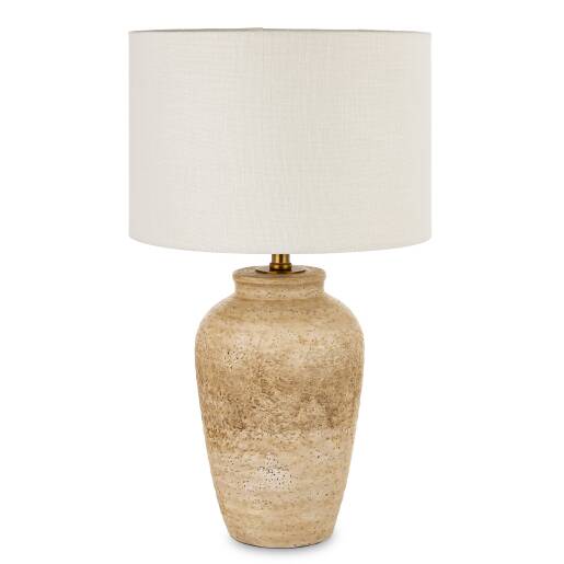 Kamenná stolová lampa z cementu s bielym tienidlom v tvare vázy, výška 61 cm