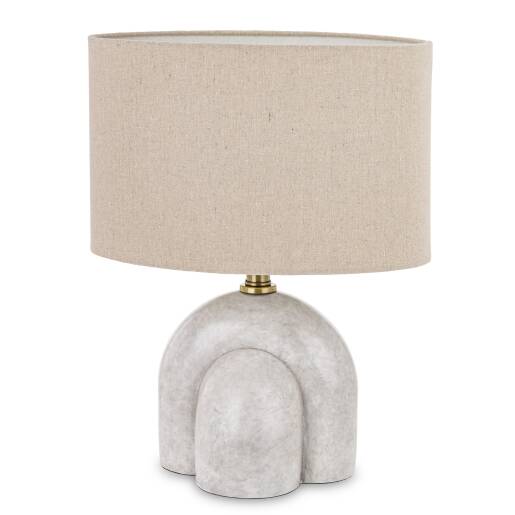 Stolová lampa s betónovým oblým podstavcom a béžovým textilným tienidlom, moderný minimalistický dizajn