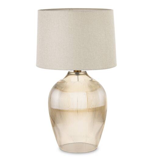 Stolová lampa s ryhovaným skleneným podstavcom v zlatej farbe a béžovým tienidlom, výška 70 cm, elegantný glamour štýl