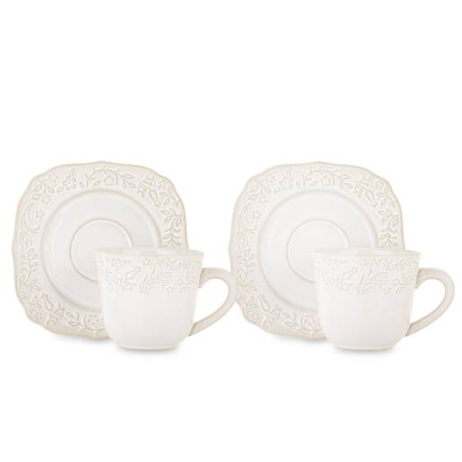 Krémová porcelánová šálka s tanierikom s reliéfom v jemnom vidieckom štýle