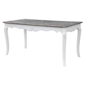 Veľký biely provensálsky jedálenský stôl Rimini White (160x80 cm) s tmavohnedou masívnou doskou a elegantne vyrezávanými nohami.