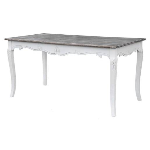 Veľký biely provensálsky jedálenský stôl Rimini White (160x80 cm) s tmavohnedou masívnou doskou a elegantne vyrezávanými nohami.