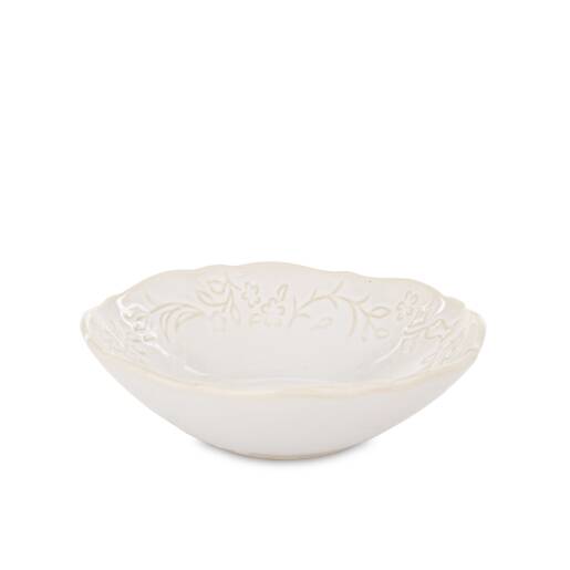 krémová porcelánová miska s reliéfnym kvetinovým vzorom
