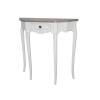 Biely polkruhový provensálsky konzolový stolík Rimini White s jednou stredovou zásuvkou, tmavohnedou vrchnou doskou a vyrezávanými nohami.