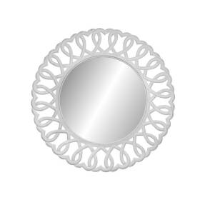 Veľké okrúhle biele zrkadlo Rimini White s detailným, ornamentálnym a prelamovaným rámom v tvare čipky, v provensálskom štýle.