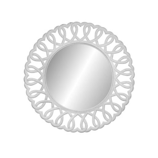 Veľké okrúhle biele zrkadlo Rimini White s detailným, ornamentálnym a prelamovaným rámom v tvare čipky, v provensálskom štýle.