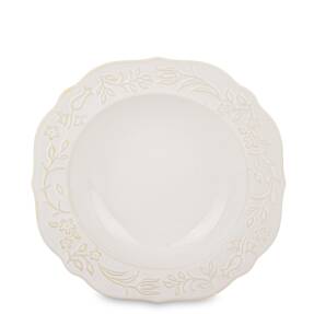 krémový hlboký okrúhly porcelánový tanier s reliéfnym kvetinovým vzorom na bielom pozadí.