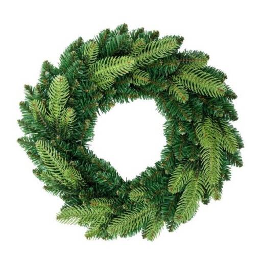 Zelený vianočný veniec Luca Green z umelého ihličia s priemerom 45 cm, hustý a prírodný vzhľad, na bielom pozadí.
