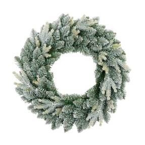 Zasnežený zeleno-biely vianočný veniec Aura Frost z umelého ihličia, priemer 30 cm, na bielom pozadí.
