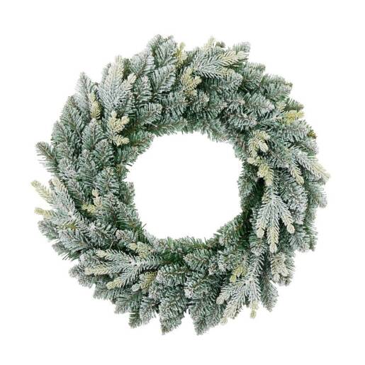 Zasnežený zeleno-biely vianočný veniec Aura Frost z umelého ihličia, priemer 30 cm, na bielom pozadí.