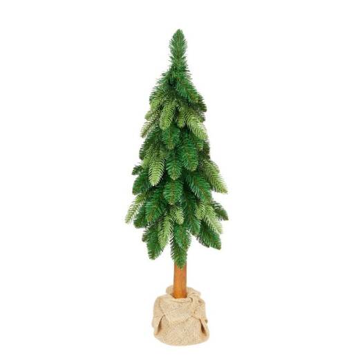 Umelý vianočný stromček na pníku, vysoký 65 cm, s realistickým zeleným ihličím a základňou v jutovom vreci