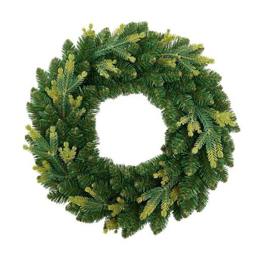 Zelený vianočný veniec Aura Green z hustého umelého ihličia, priemer 45 cm, na bielom pozadí.