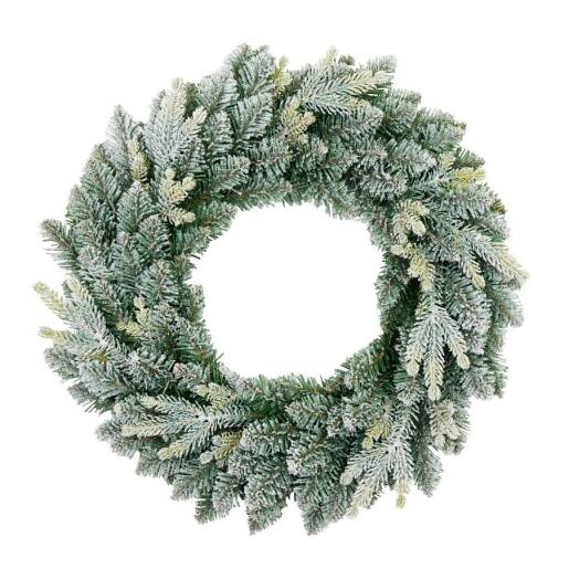 Zasnežený zeleno-biely vianočný veniec Aura Frost z umelého ihličia, priemer 45 cm, na bielom pozadí.