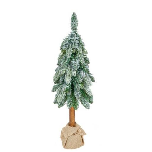 Umelý vianočný stromček na pníku, vysoký 65 cm, so zeleným ihličím pokrytým umelým snehom a so základňou v jutovom vreci,
