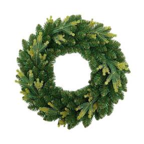 Zelený vianočný veniec Aura Green z umelého ihličia v rôznych odtieňoch, priemer 30 cm, na bielom pozadí.
