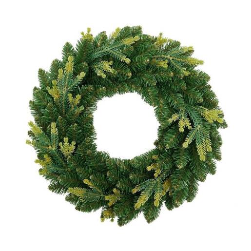 Zelený vianočný veniec Aura Green z umelého ihličia v rôznych odtieňoch, priemer 30 cm, na bielom pozadí.