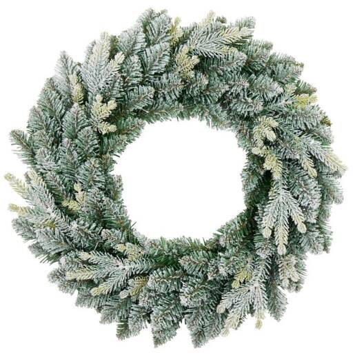 Zasnežený zeleno-biely vianočný veniec Aura Frost z umelého ihličia, priemer 55 cm, na bielom pozadí.