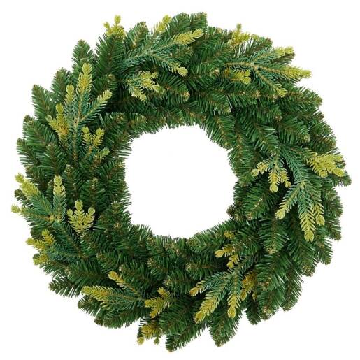Zelený vianočný veniec Aura Green z umelého ihličia, priemer 55 cm, prirodzený vzhľad, na bielom pozadí.